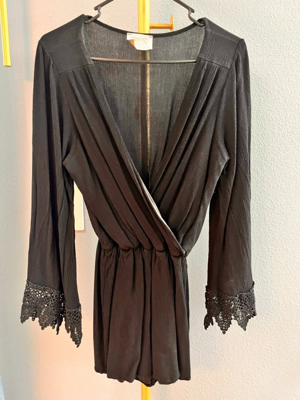 Coveted Black Crinkle Gauze Crochet Lace Bell Sleeve Wrap Romper Whimsigoth M